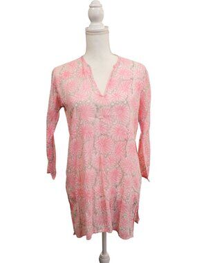 Roller Rabbit Pink Floral Tunic Top 100% Cotton Long Sleeve Size S